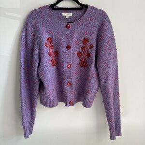 J.Crew Purple and pink cardigan with red embroidering